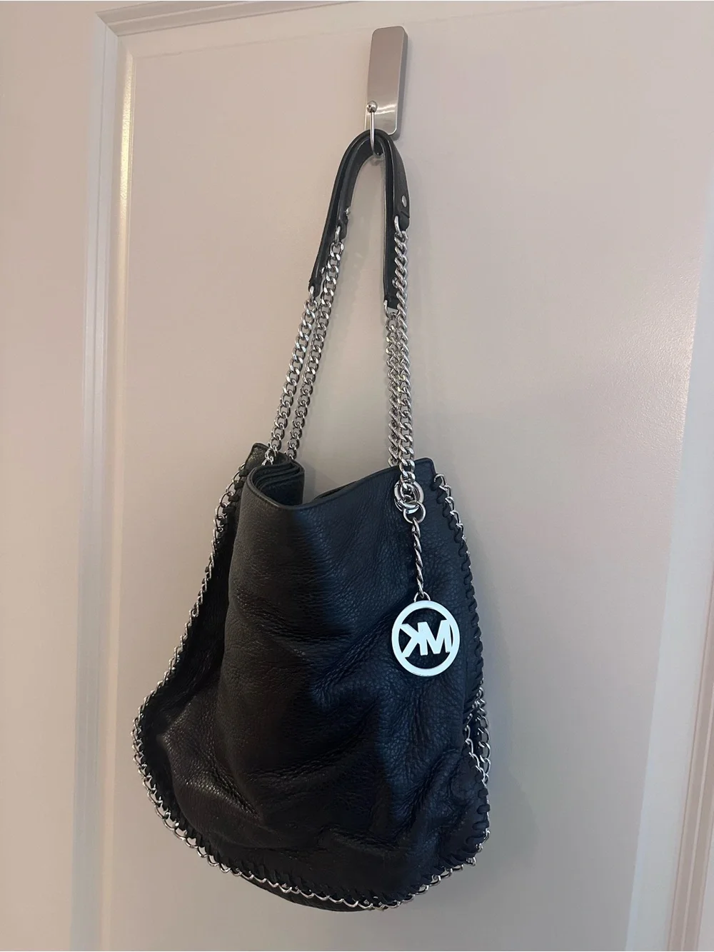 Michael Kors Black Leather Hobo with Silver Chain Detail